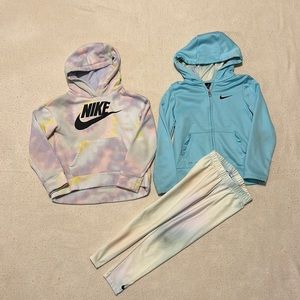 Nike hoodie set and pants, girls medium 5-6, rainbow tie dye, blue with ruffles